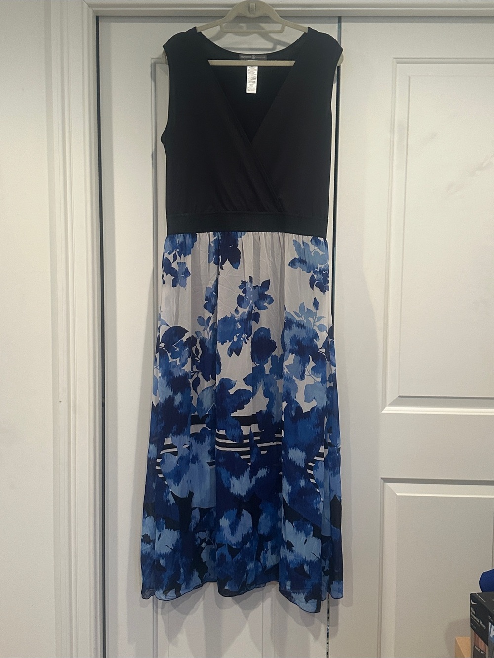 Sleeveless Black Bodice Blue Floral Maxi Dress